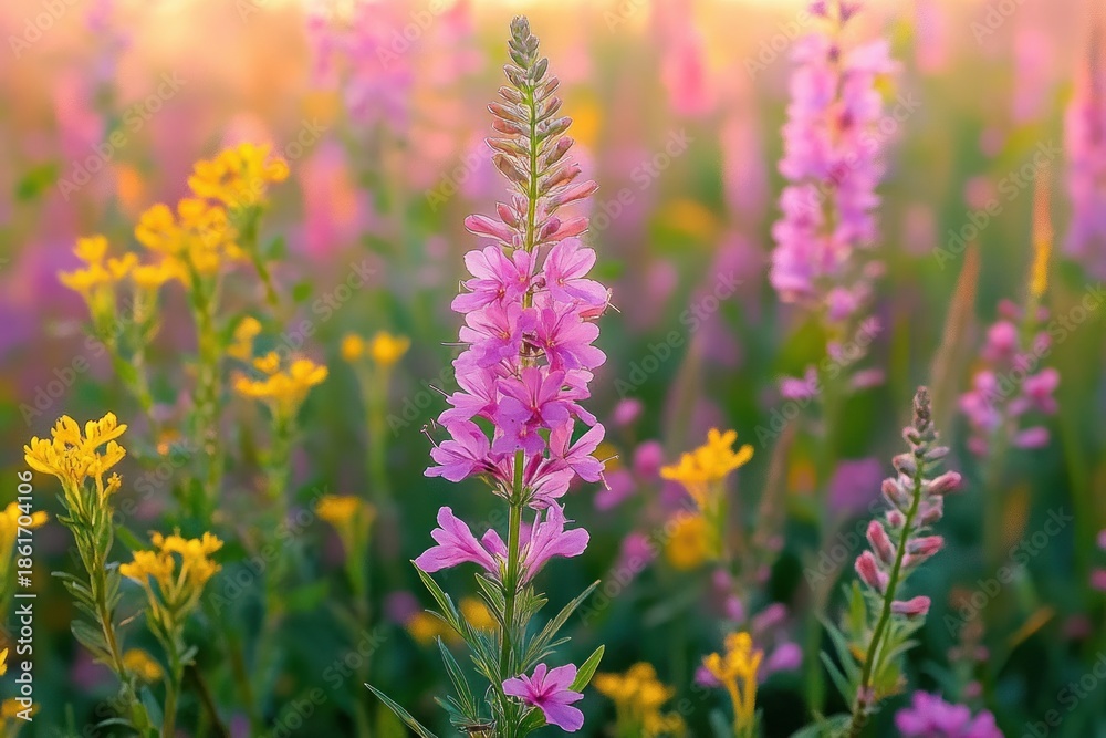 Obraz premium Tall pink wildflower spikes and small yellow blooms in a sunlit meadow, soft bokeh and warm golden light creating a peaceful, dreamy summer scene