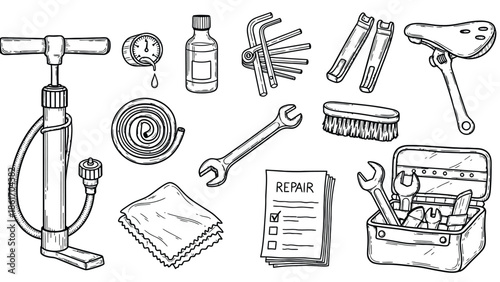 Bicycle repair tools and equipment collection.