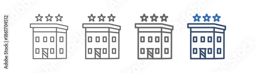 
outline icon set of hotel with three-star lodging design