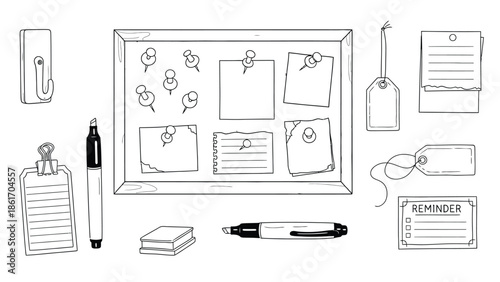 Hand drawn office stationery and organization tools collection.