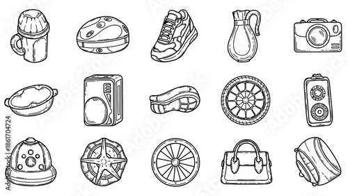 Collection of various travel and adventure icons in outline style.