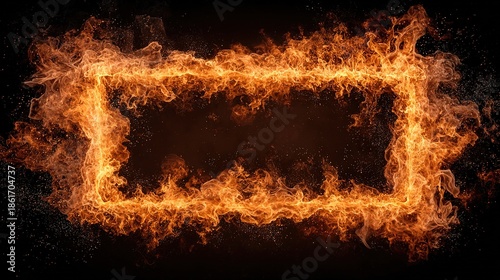 Generative-AI creation: a perfectly rectangular frame forged from roaring tongues of orange, yellow and crimson fire, blazing edges curling inward, isolated on pure black background