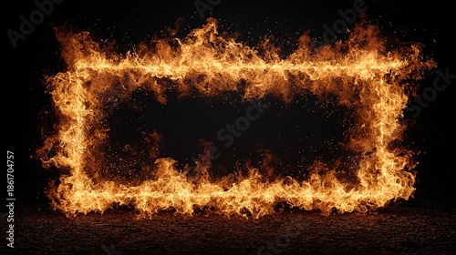 Generative-AI creation: a perfectly rectangular frame forged from roaring tongues of orange, yellow and crimson fire, blazing edges curling inward, isolated on pure black background