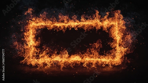 Generative-AI creation: a perfectly rectangular frame forged from roaring tongues of orange, yellow and crimson fire, blazing edges curling inward, isolated on pure black background