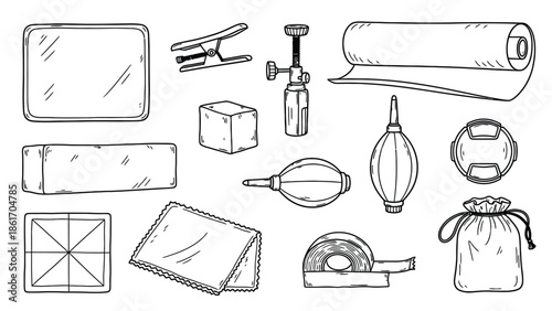 Hand drawn illustrations of various travel and adventure items.