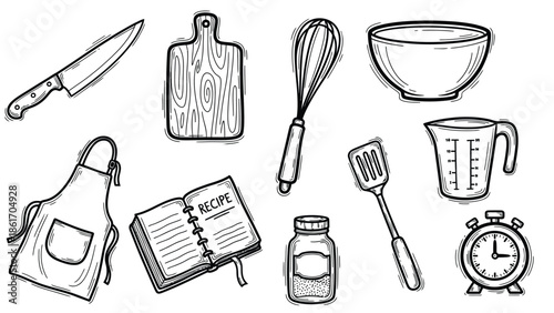 Collection of kitchen utensils and cooking accessories illustration.