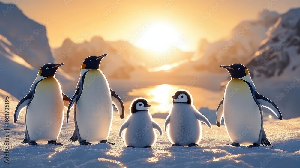 Obraz premium three adult penguins and two fluffy chicks standing on snowy ice at a golden sunset with icy mountains and calm reflective water, a warm peaceful family scene