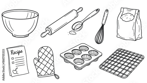 Baking Essentials Collection with Utensils and Ingredients.
