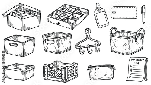 Collection of hand-drawn kitchen utensils and storage containers.