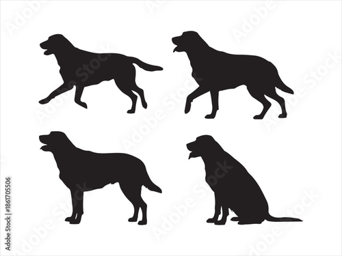 Black Dog Silhouettes and Icons Set, Various Breeds and Poses, Standing, Sitting, Running Pet Animals, Vector Illustration on white background 