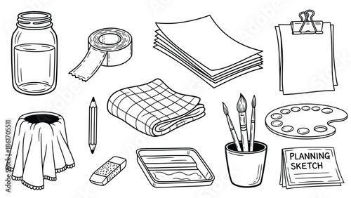 Collection of artistic supplies and stationery items.