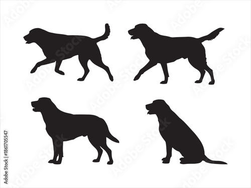 Black Dog Silhouettes and Icons Set, Various Breeds and Poses, Standing, Sitting, Running Pet Animals, Vector Illustration on white background 
