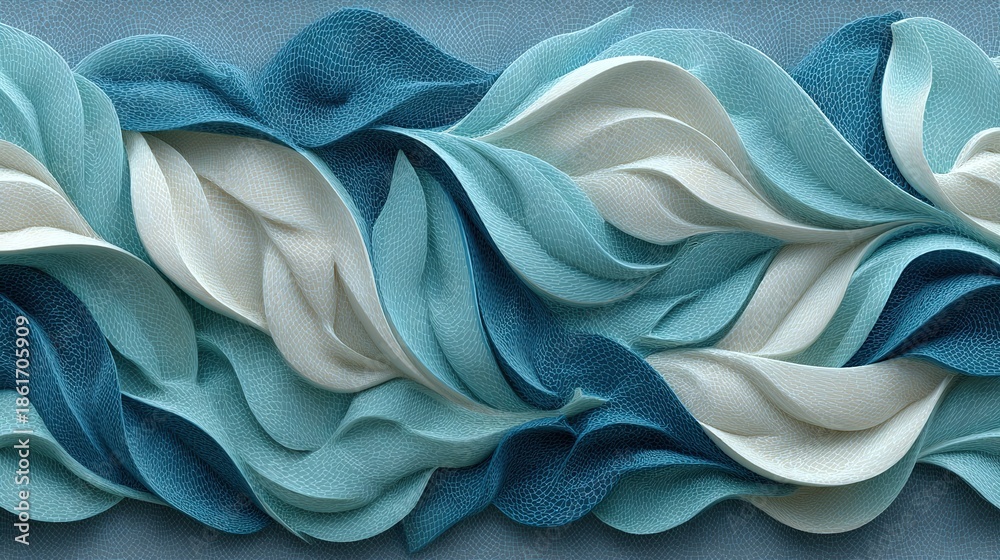 Obraz premium Seamless white-to-blue gradient 3-D wave-leaf ceramic wall tiles create a fluid, modern texture panorama banner; glossy raised curves overlap like gentle ocean surf and stylized foliage