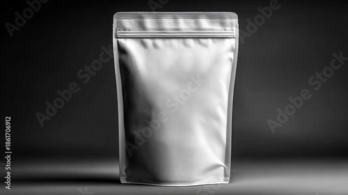 Minimal silver foil pouch mockup for coffee packaging.
