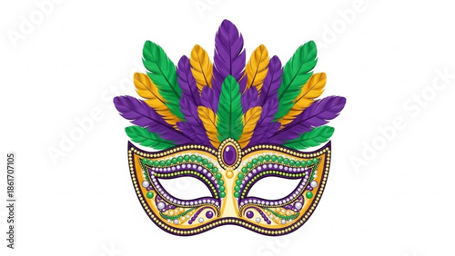Vibrant mardi gras masquerade mask with purple, green and gold feathers, beads and jewels on white background for carnival, parties and celebrations