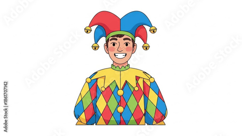 A colorful cartoon jester wearing a red, blue, and yellow harlequin costume with a green hat and gold bells, smiling happily on a white background