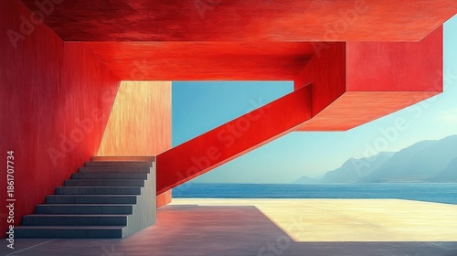 Minimalist red concrete cantilevered structure with stairs overlooking calm sea and distant mountains, bright sunlight and tranquil atmosphere