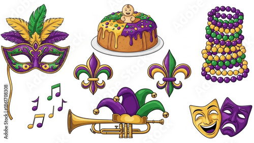 Mardi gras celebration elements with masks, beads, cake, and musical notes on white background