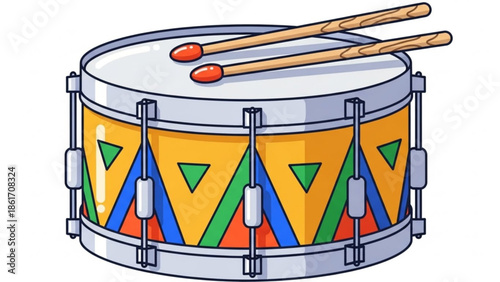 Colorful cartoon snare drum with wooden drumsticks on top, vibrant yellow, green, blue and orange pattern