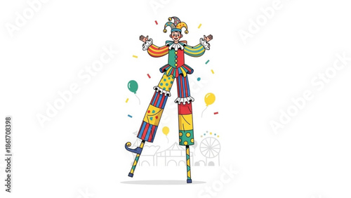 A colorful jester in a playful carnival setting with confetti and balloons, celebrating joy and festivity with a lively atmosphere and a sense of whimsy and fun