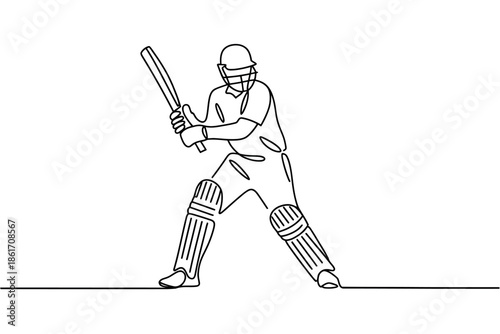 A minimalist line drawing of a cricket player in batting stance holding a bat.
