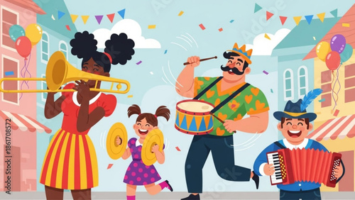 Happy people celebrating with musical instruments in a festive street scene with colorful balloons and banners, joyful carnival atmosphere with a girl and three musicians