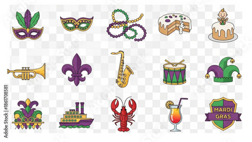 Mardi gras celebration icons including colorful masks, musical instruments, festive food and drink, and decorative symbols on transparent background for party and event