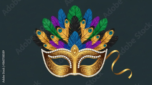 Golden masquerade ball mask with colorful feathers and pearls on dark background for carnival or party