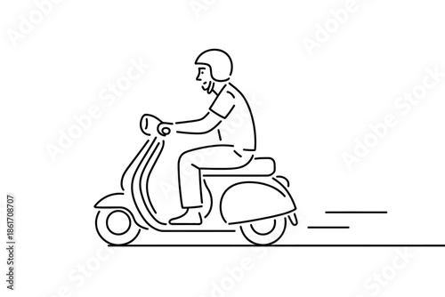 A person wearing a helmet rides a scooter with motion lines indicating speed.
