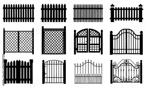 Set of Black Silhouette Fence and Gate Designs Collection, Wrought Iron Garden Gates Vector Pack, Picket Fence Illustrations, Metal Fence Panels Silhouettes, Decorative Entrance Gates Clipart