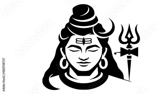 Lord Shiva vector illustration with Trishul trident, Hindu God Mahadev portrait with crescent moon and third eye, spiritual deity graphic for Maha Shivratri and yoga meditation.
