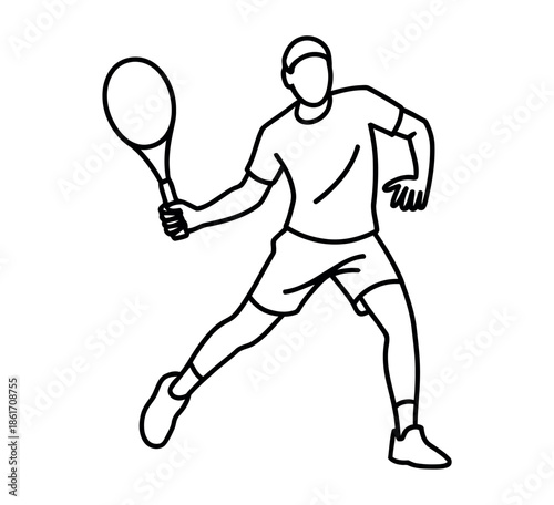 A line drawing illustrates a person playing tennis with a racket in a dynamic pose.