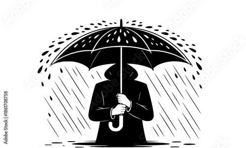 Black Silhouette Man Holding Umbrella in Heavy Rain Vector Illustration, Person Standing Under Rain with Umbrella Clipart, Monochrome Rainy Day Figure Design, Protection from Rain Symbol Graphic