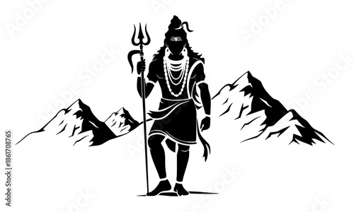 Lord Shiva silhouette with Trishul trident and Himalayas mountains, Hindu God Mahadev standing in meditation pose, spiritual deity vector for Maha Shivratri, Yoga, and Indian culture