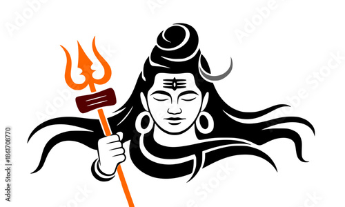 Lord Shiva vector illustration with Trishul trident, Hindu God Mahadev silhouette with crescent moon and third eye, spiritual deity graphic for Maha Shivratri and yoga meditation