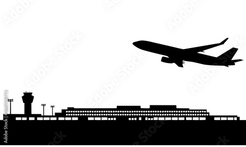 Black Silhouette Airport Terminal with Airplane Taking Off Vector, Commercial Jet Plane Departure Scene Illustration, Modern Aviation Landscape Clipart, Control Tower and Runway Skyline Design, Travel