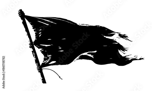 Black tattered flag silhouette blowing in wind, distressed ripped pirate banner on pole, isolated grunge waving flag for rebellion and survival concepts
