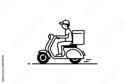 A delivery person rides a scooter with a large insulated box on the back.