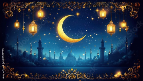 Serene night skyline of ornate mosques and minarets beneath a glowing golden crescent moon, hanging illuminated lanterns, twinkling stars and decorative golden filigree frame