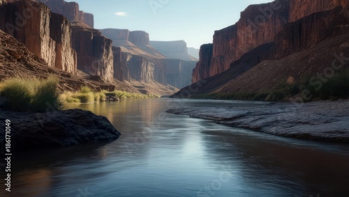 A majestic river carves through a vast canyon, illuminated by warm sunlight, revealing layered rock formations