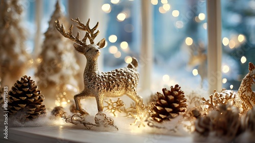 Golden Reindeer Christmas Decor: Festive Window Display with Twinkling Lights