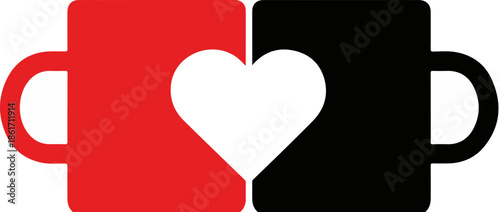 Simple vector graphic depicting a stylized red coffee cup overlapping a black coffee cup forming a heart shape symbolizing love for coffee or togetherness.