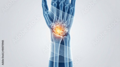 Wrist Pain, Detailed Human Hand Anatomy, a Medical Illustration Highlighting an Injured Joint with Glowing Bones and a Supportive Mesh Wrap.