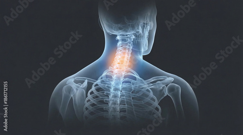 Neck Pain, Human Spine Anatomy, a translucent medical illustration with an orange glow indicating cervical and upper back discomfort.