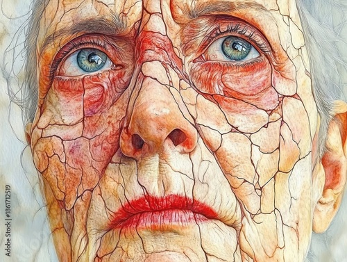 Painted close-up of an elderly person's gray hair and ears at portrait edges in textured watercolor style conveying calm and introspective mood