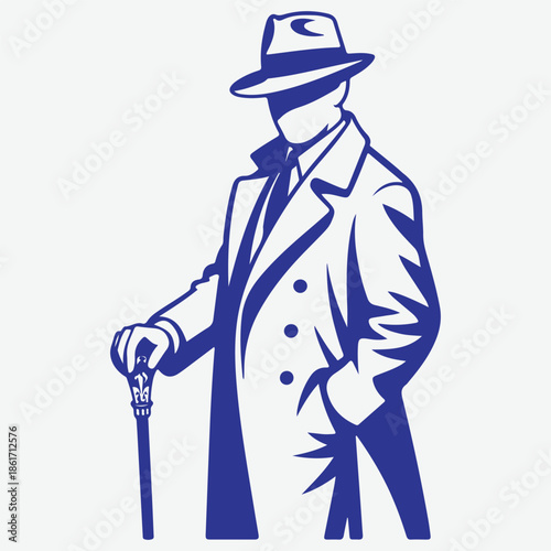 Vintage illustration of a man in a suit and hat with a cane