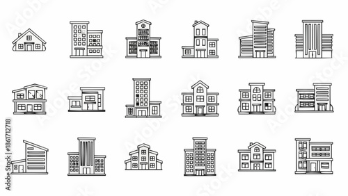 Collection of diverse building illustrations in a grid layout.