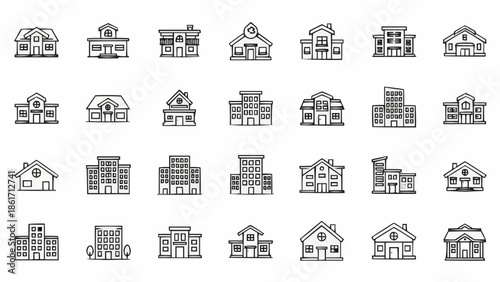 Collection of Diverse Building Icons Representing Various Architectural Styles.