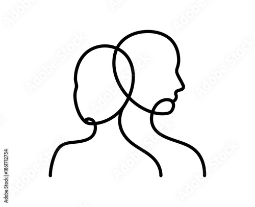Two heads in profile, depicted with a single continuous line, symbolizing connection or duality.