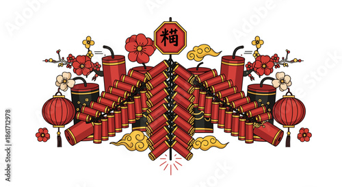 Vibrant illustration of a Lunar New Year celebration, showcasing a grand display of traditional red firecrackers, festive lanterns, and beautiful blossoms, symbolizing prosperity and joy